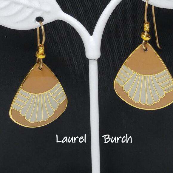 Vintage Laurel Burch Waterfall Earrings, Gold Plated, Beige & Gray Enamel - Picture 1 of 10